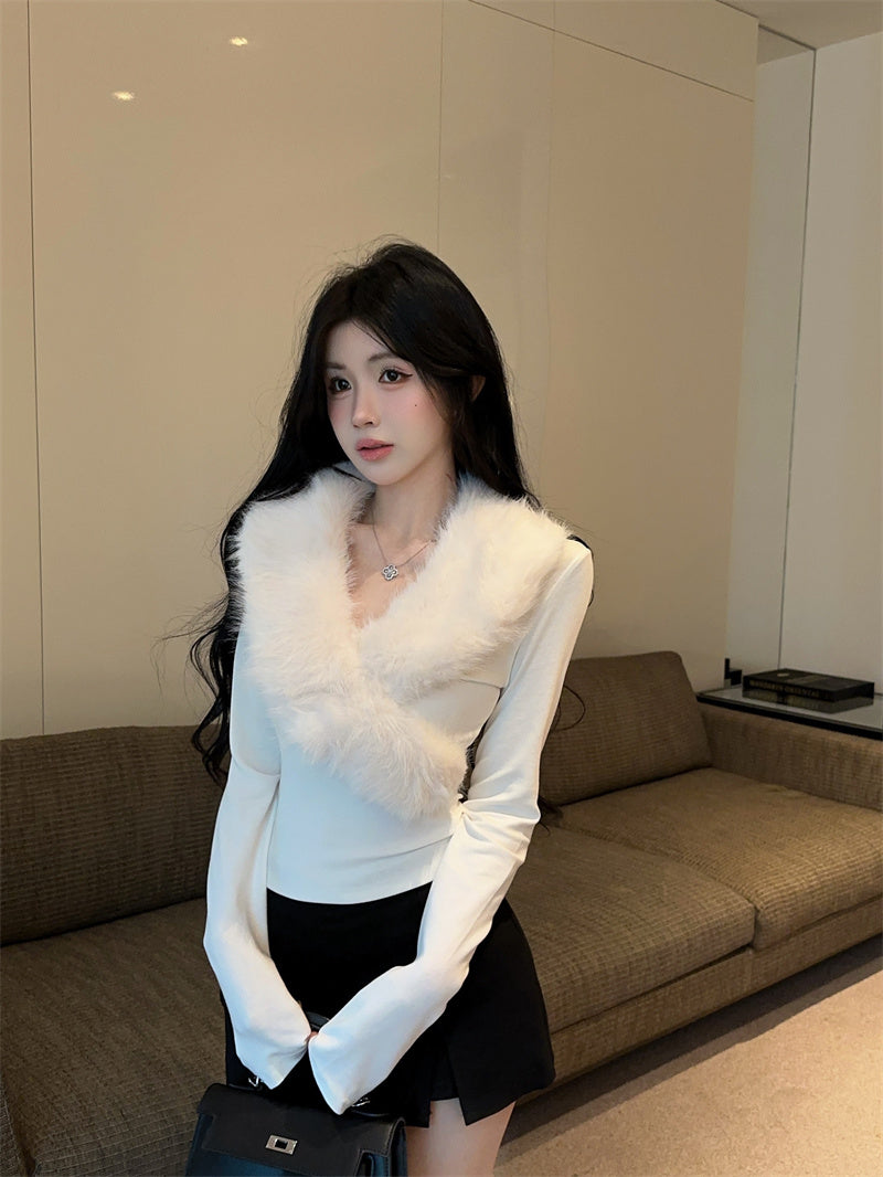 純欲辣妹毛領拼接V領內搭打底衫