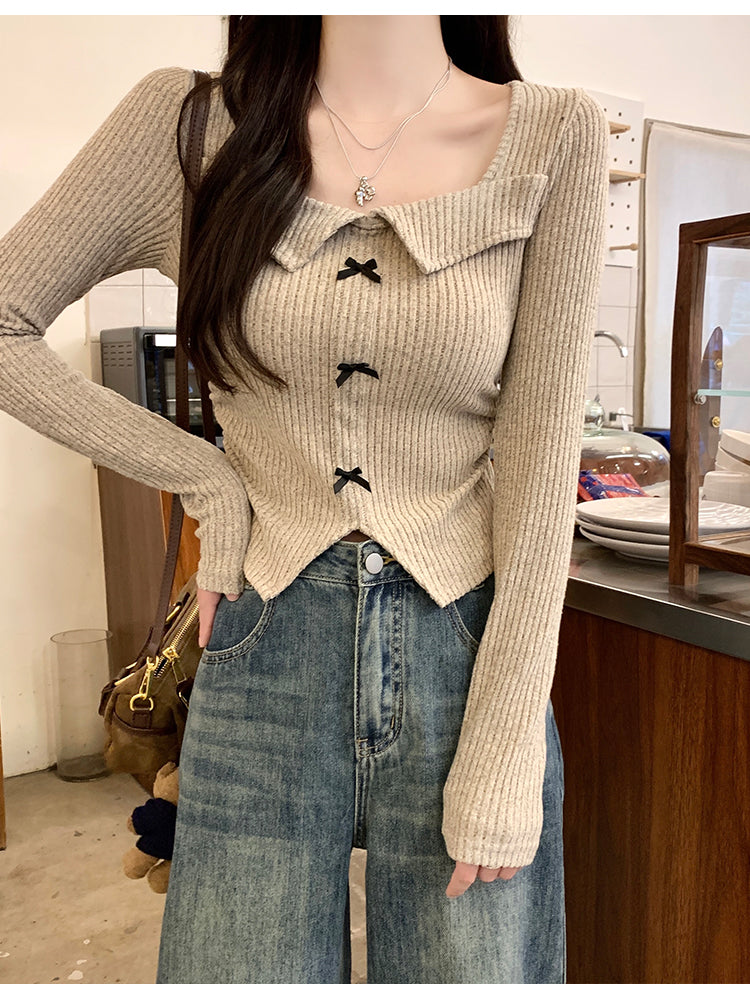 美式覆古辣妹蝴蝶結方領長袖