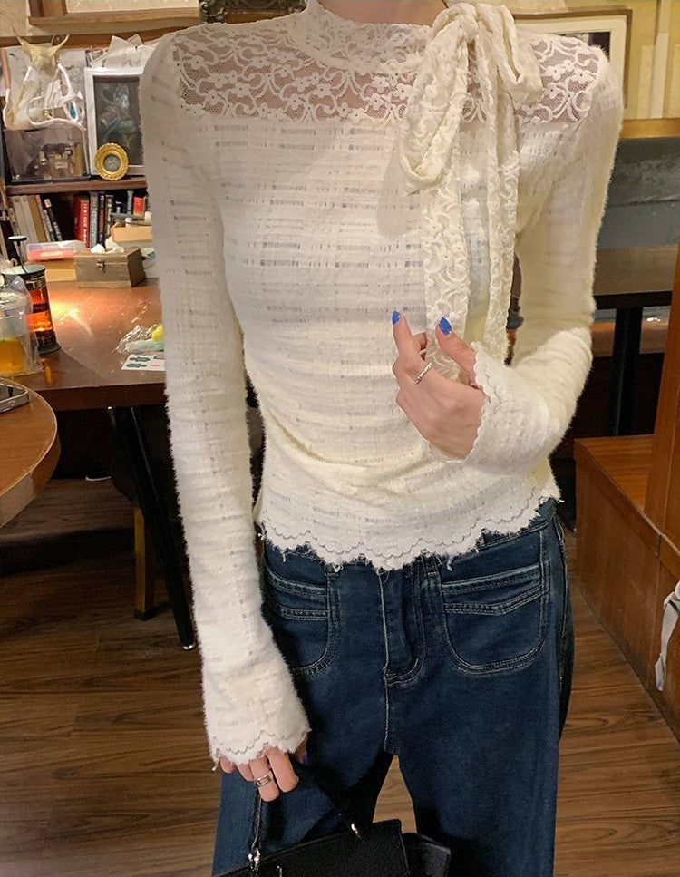 蕾絲鉤花半高領蝴蝶結綁帶內搭上衣
