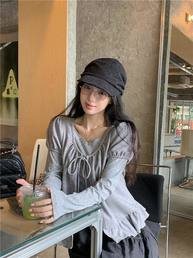 韓版甜美荷葉邊開衫波點兩件套