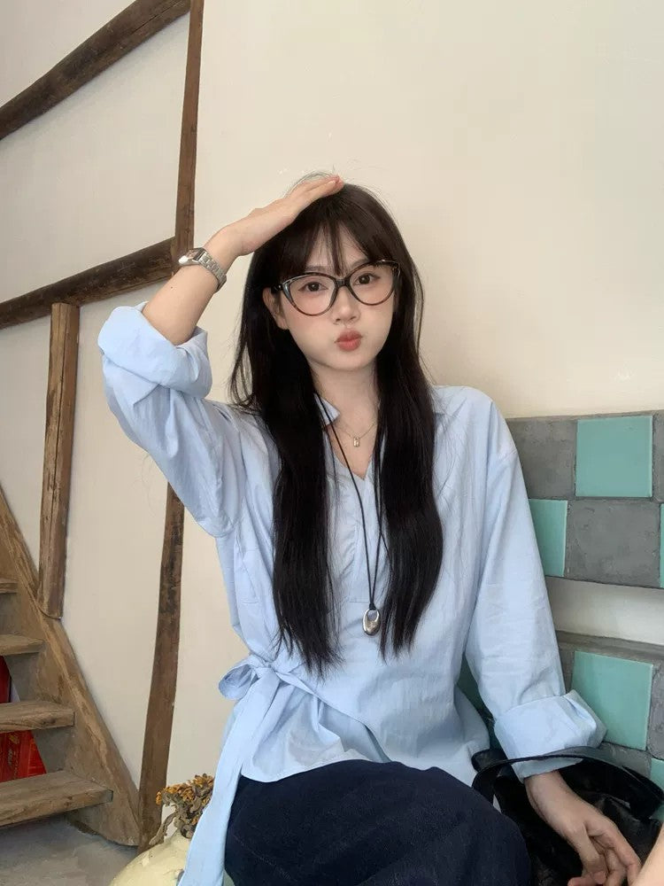 韓系設計感藍色不規則綁帶上衣