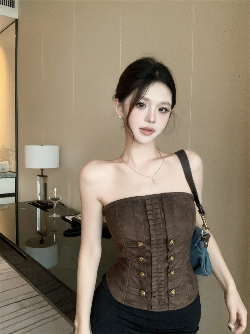 復古風設計感精致雙排扣抹胸上衣