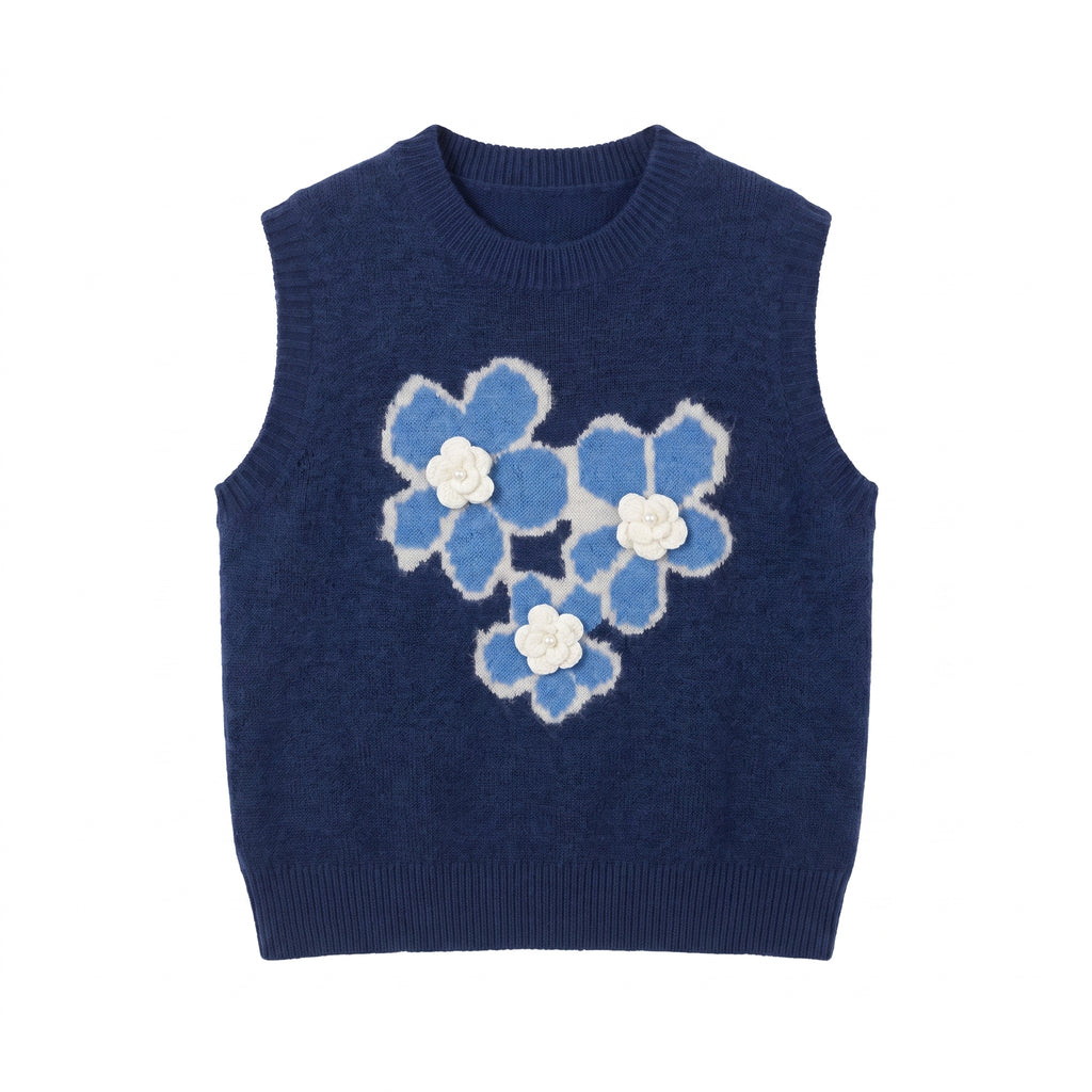 韓系花朵刺繡針圓領外搭無袖上衣