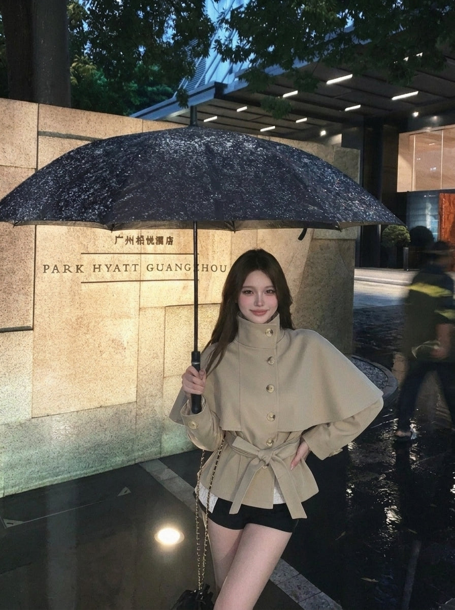 韓系假兩件翻領斗篷風衣雙排扣襯衫