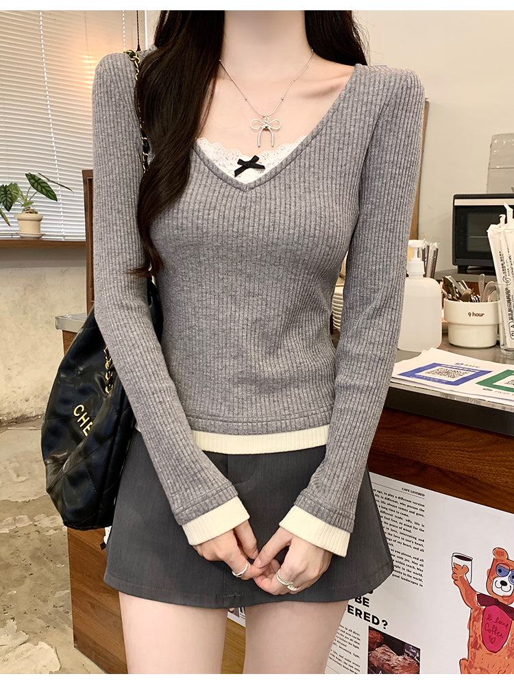 高級感修身假兩件蕾絲拼接長袖