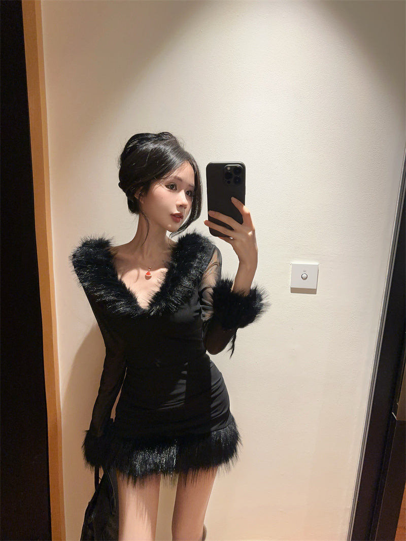 純欲性感辣妹毛毛領微透高腰連衣裙