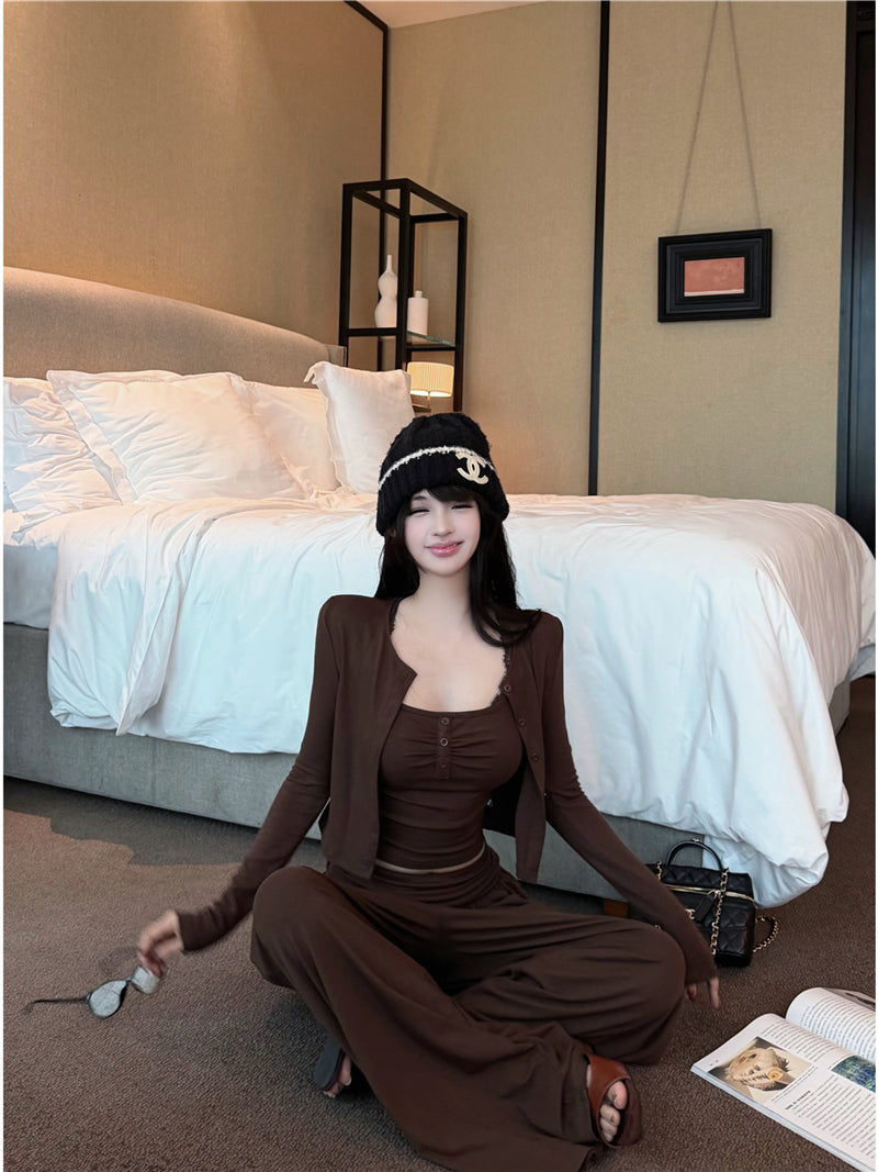 氣質性感蕾絲吊帶背心外套褲子三件套