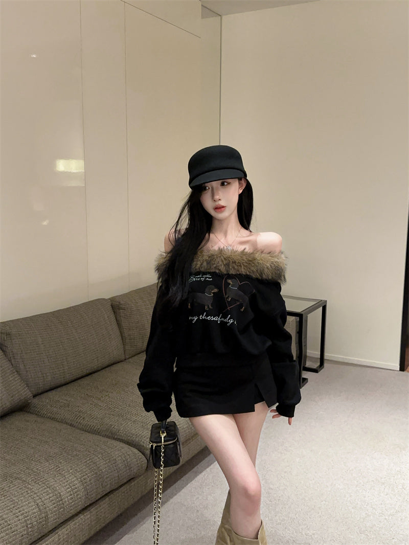 美式復古可愛薄款露肩可拆毛領斜肩上衣