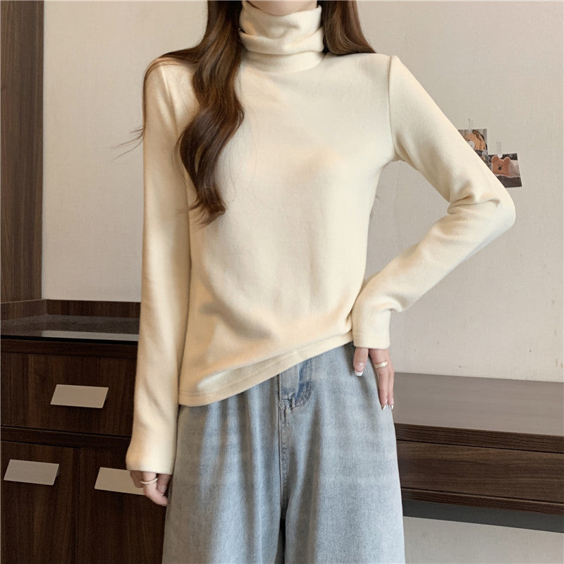 羅紋德絨長袖T恤女秋冬高領內搭打底衫