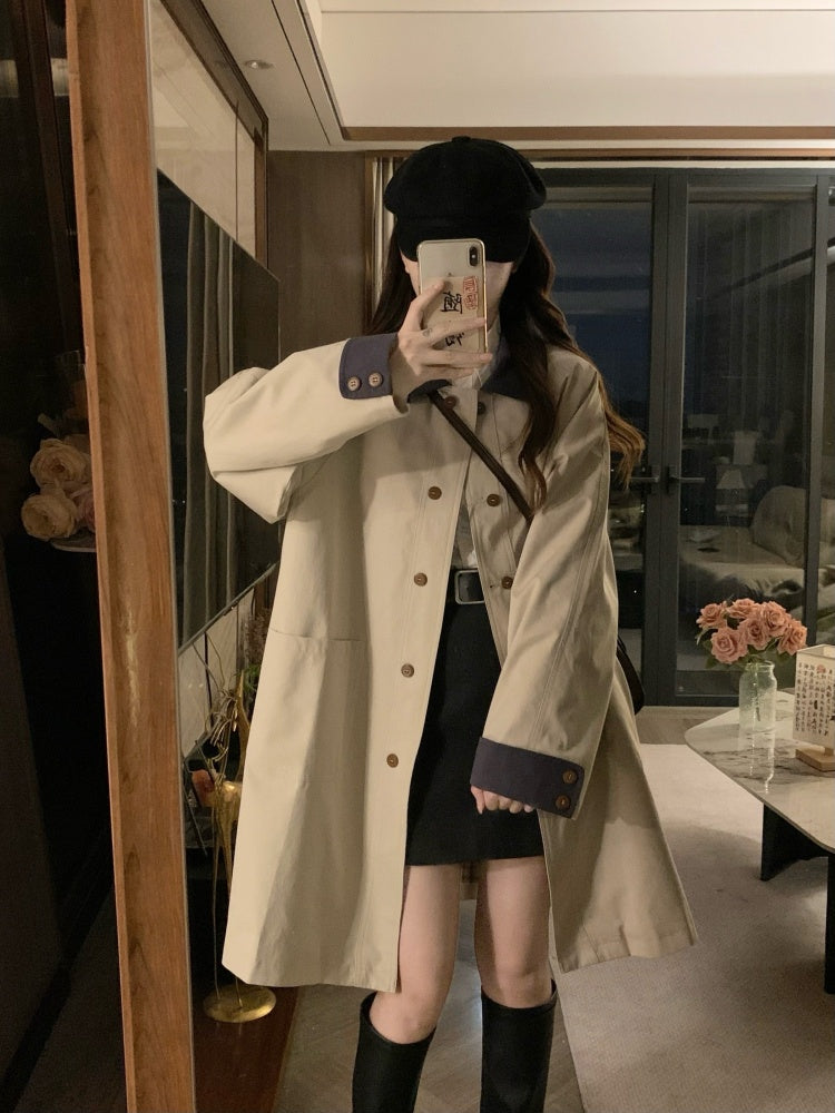 🐾拼接撞色卡其風衣外套💕春秋必備中長版外套