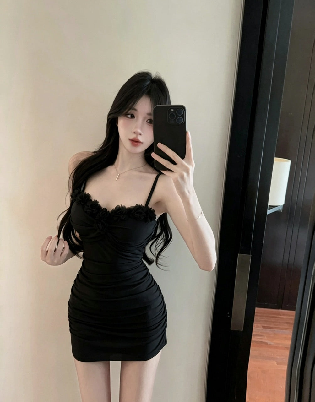 純欲風花朵拼接吊帶連衣裙