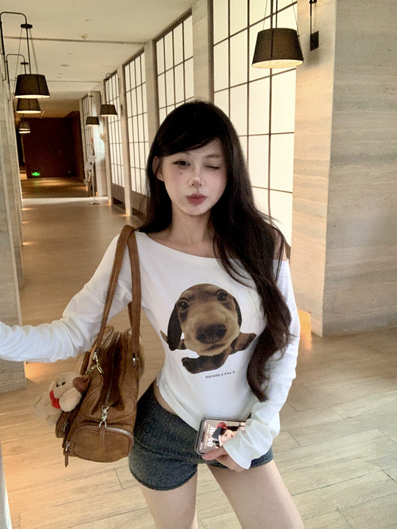 休閒可愛一字肩小狗上衣