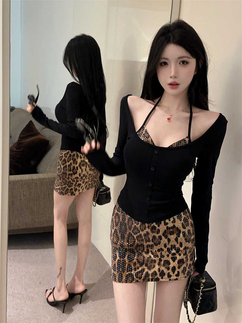辣妹性感掛脖長袖打底衫豹紋包臀裙三件套