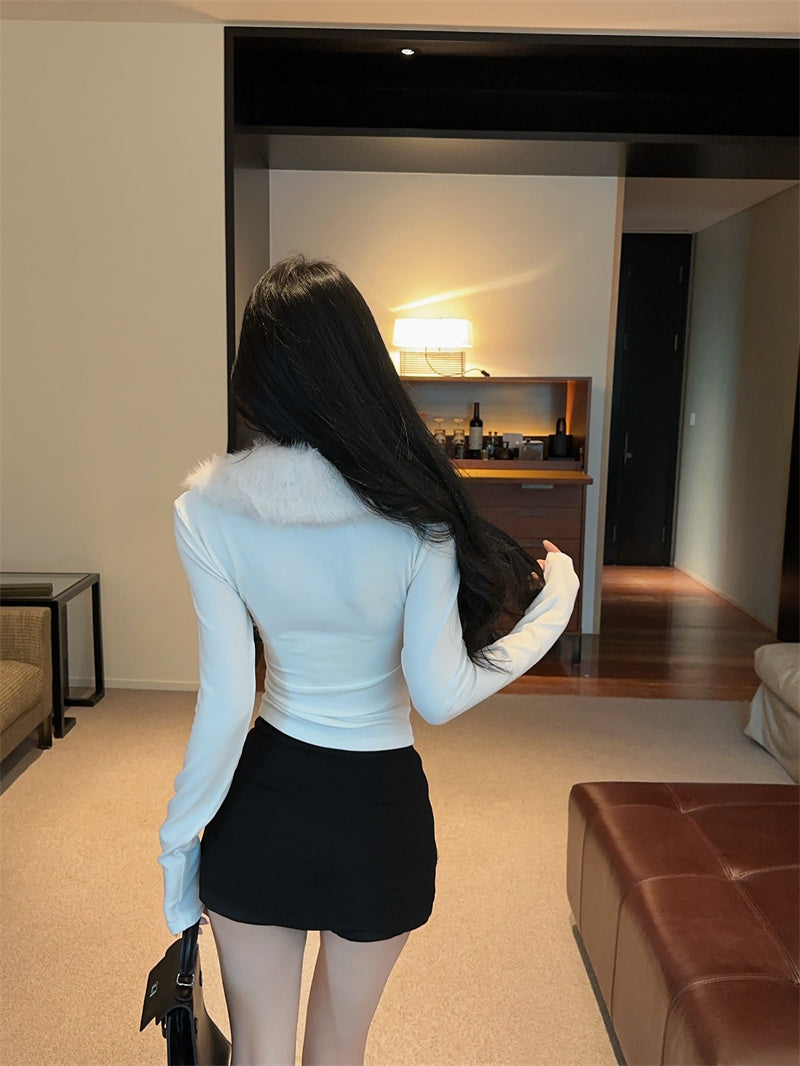 純欲辣妹毛領拼接V領內搭打底衫