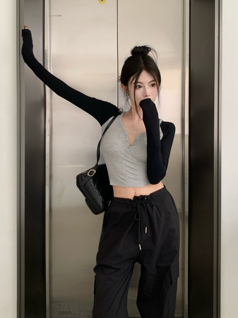 歐美V領撞色純欲排扣修身上衣