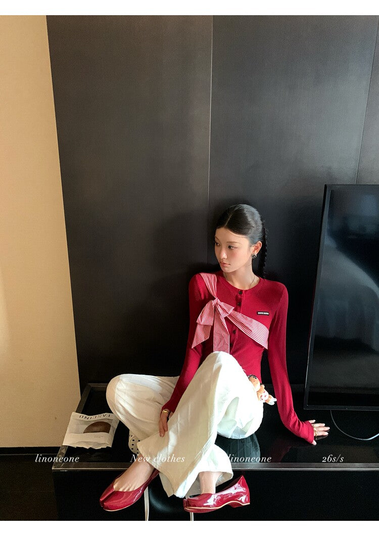 雙色格紋蝴蝶結設計感撞色針織上衣