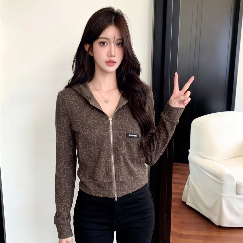 美式復古純欲辣妹豹紋連帽開衫