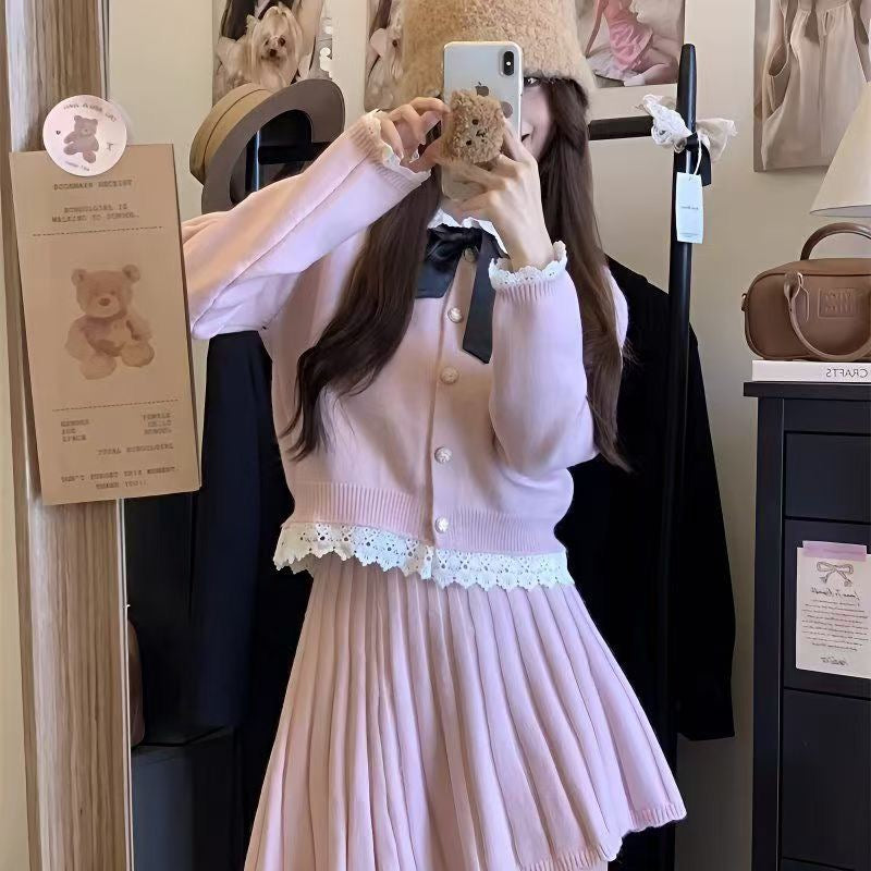 小香風蝴蝶結花邊百褶半身裙套裝