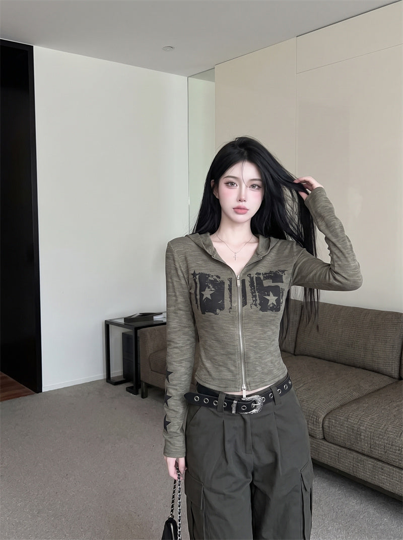 美式復古字母印花連帽外套