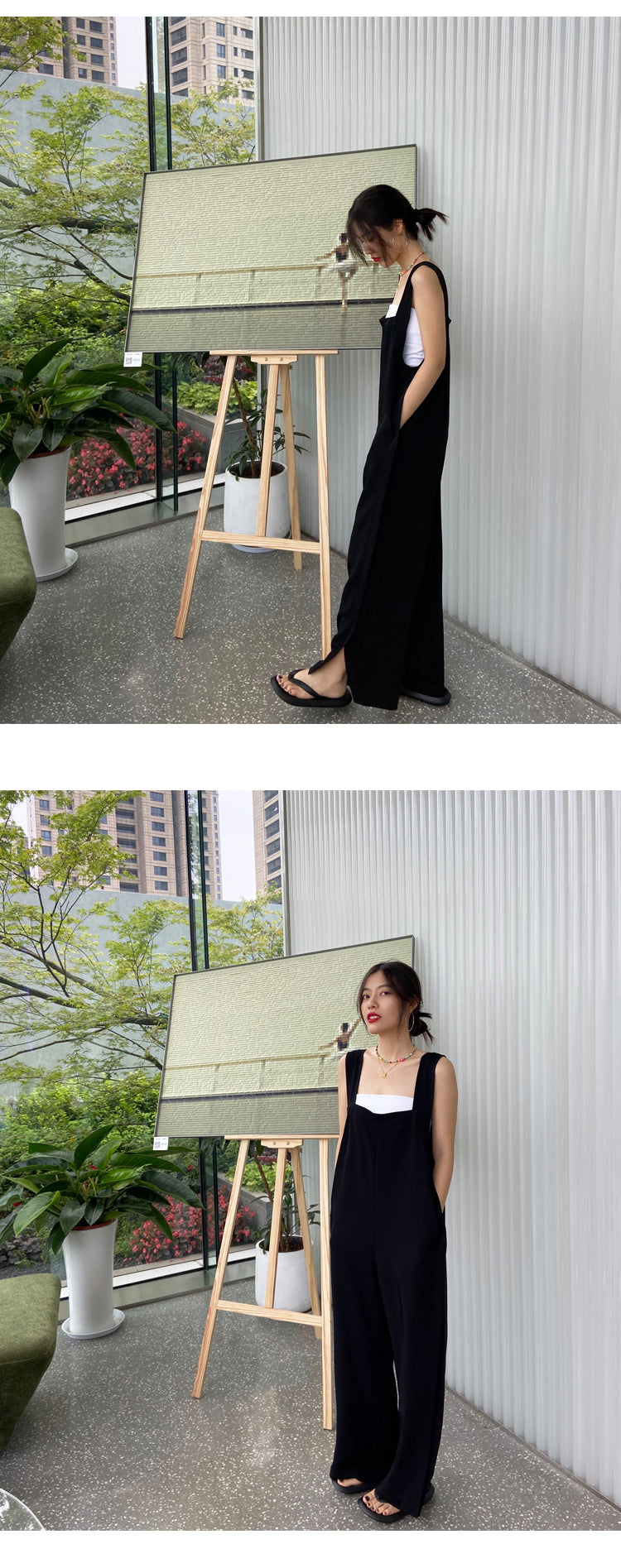 黑色休閒垂感寬鬆直筒高腰顯瘦背帶褲