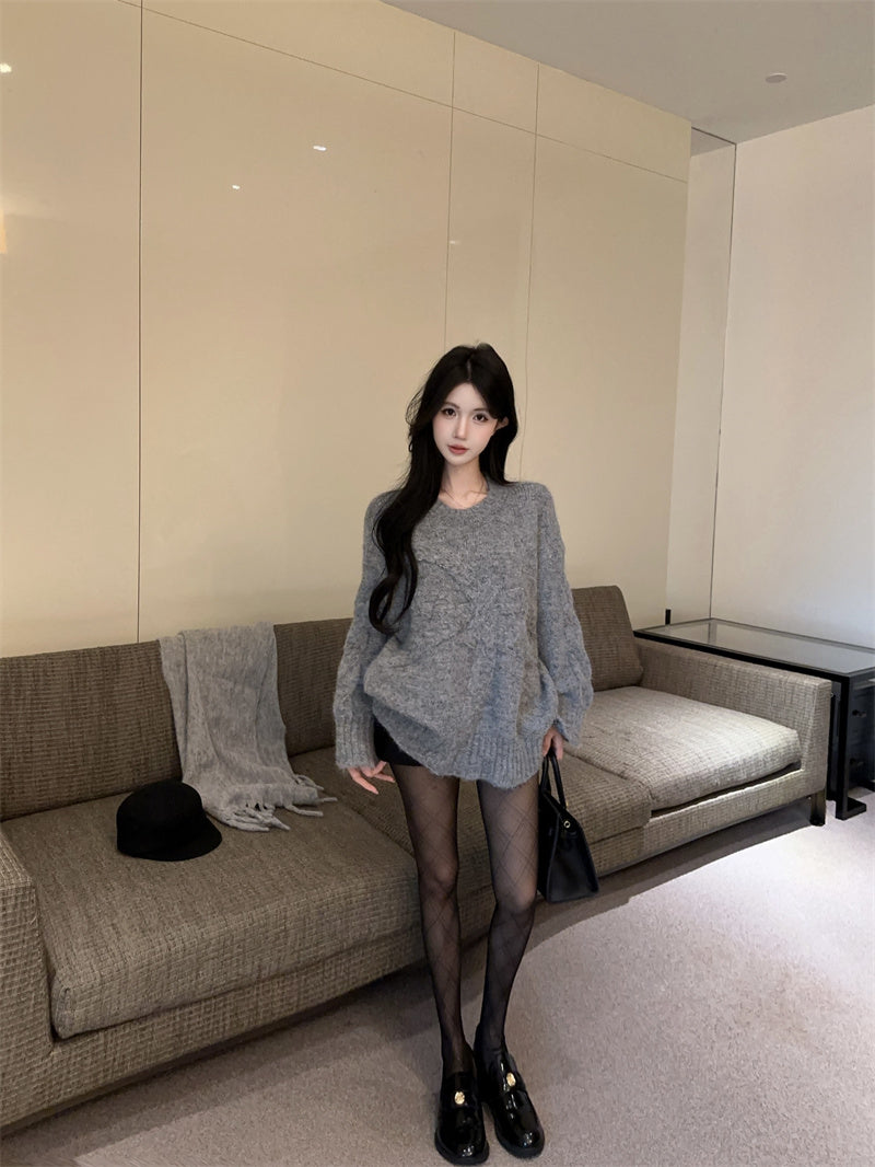 慵懶高級感蝴蝶結圓領寬鬆針織衫