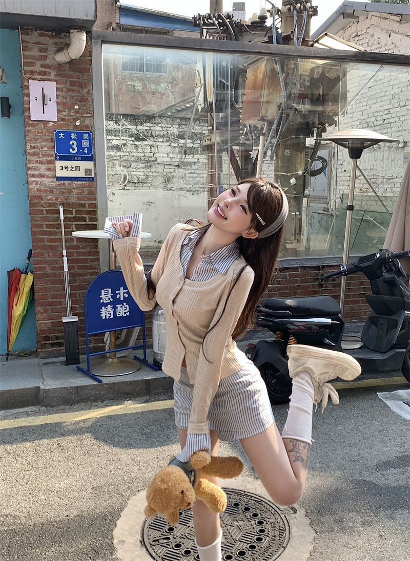 韓系穿搭假兩件襯衫套裝裙