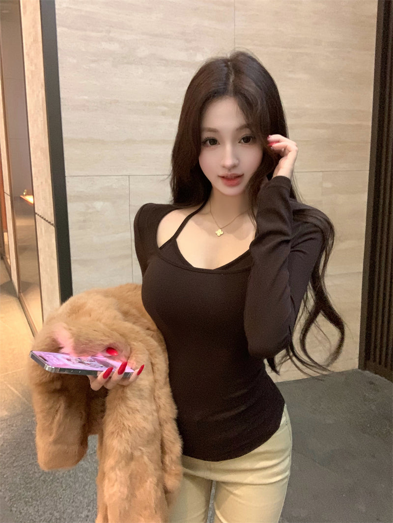 掐腰顯瘦方領掛脖打底衫