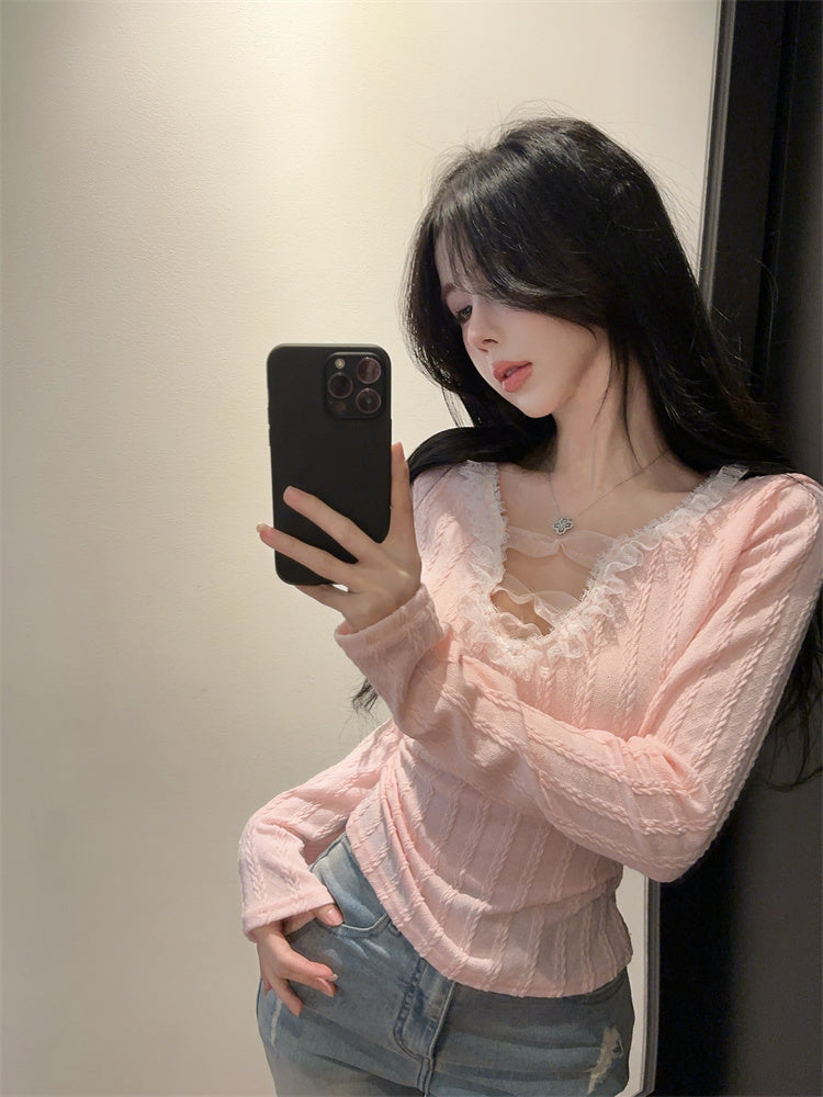 氣質甜酷辣妹花邊拼接蝴蝶結v領修身上衣
