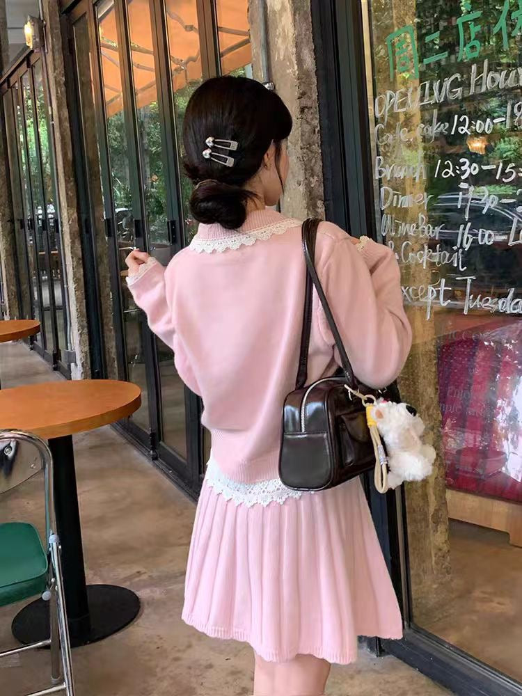 小香風蝴蝶結花邊百褶半身裙套裝