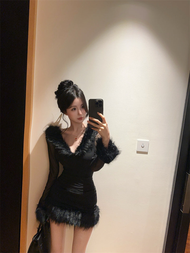 純欲性感辣妹毛毛領微透高腰連衣裙