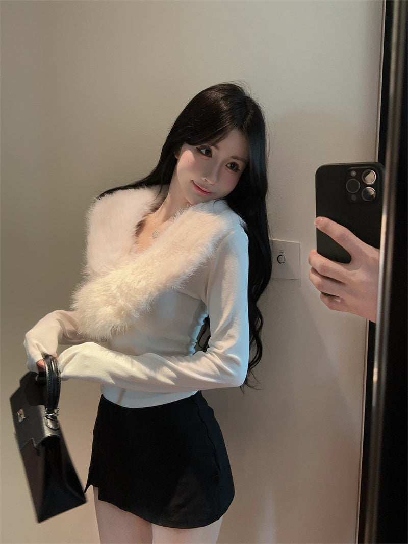 純欲辣妹毛領拼接V領內搭打底衫