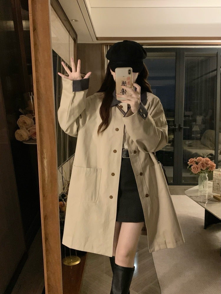 🐾拼接撞色卡其風衣外套💕春秋必備中長版外套
