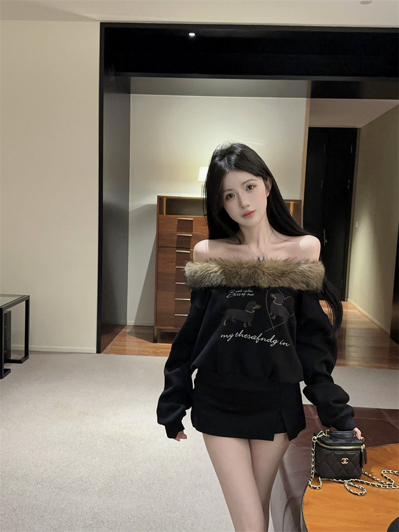 美式復古可愛薄款露肩可拆毛領斜肩上衣