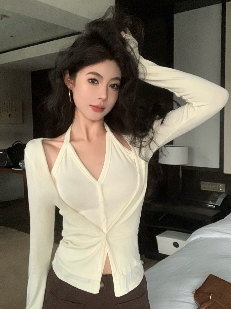 性感辣妹風吊帶掛脖假兩件上衣