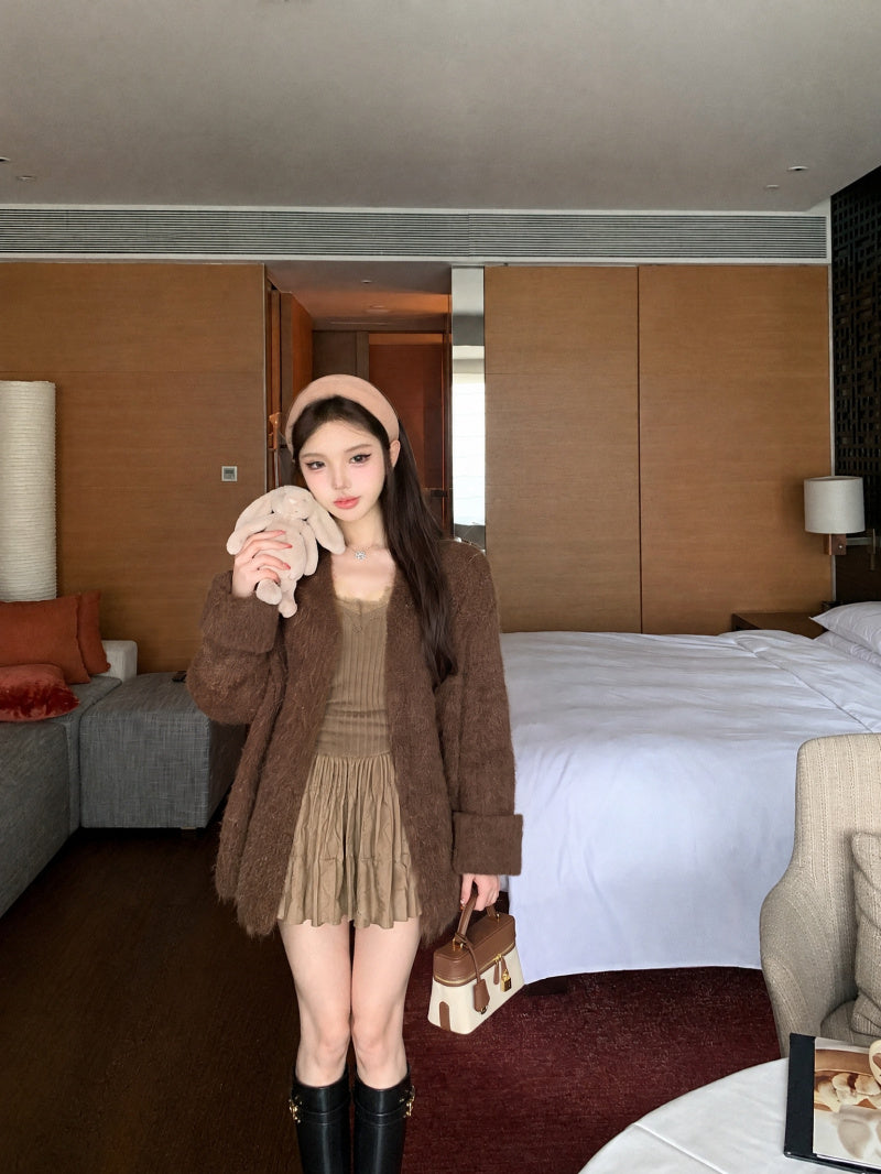 慵懶寬松百搭毛衣外套吊帶半裙針織兩件套