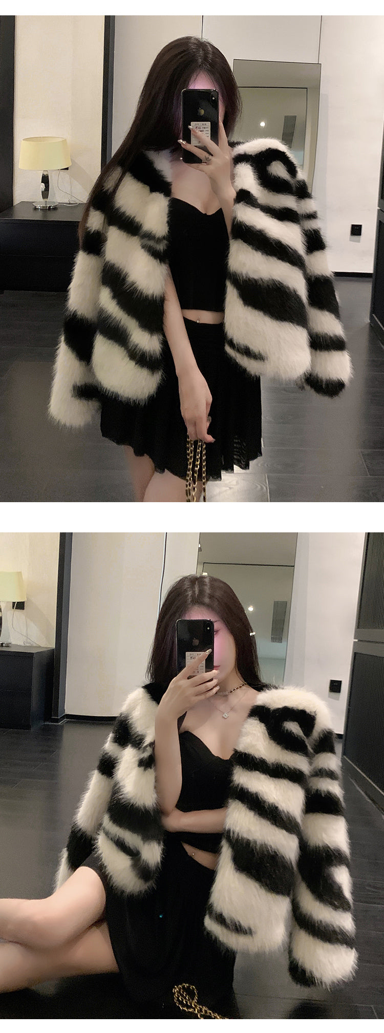 圓領斑馬紋仿狐貍毛外套