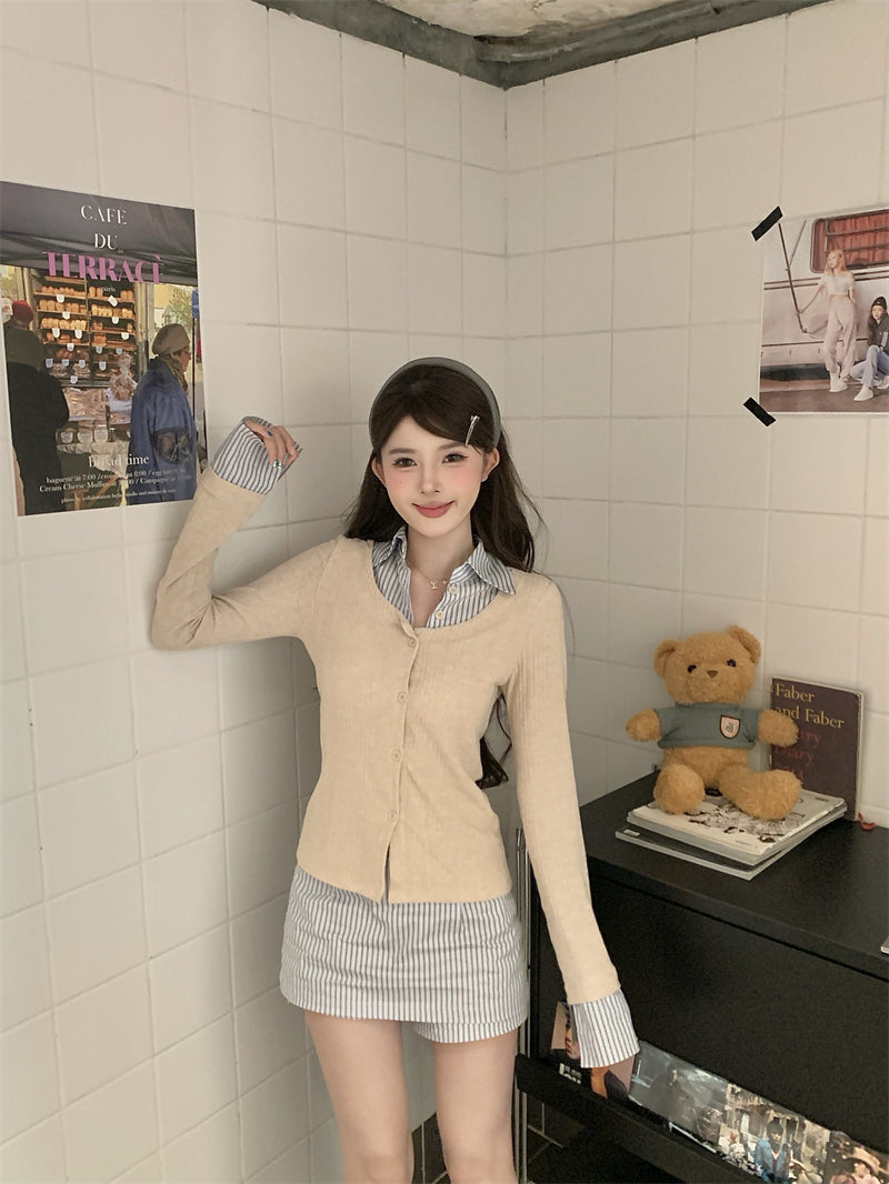 韓系穿搭假兩件襯衫套裝裙