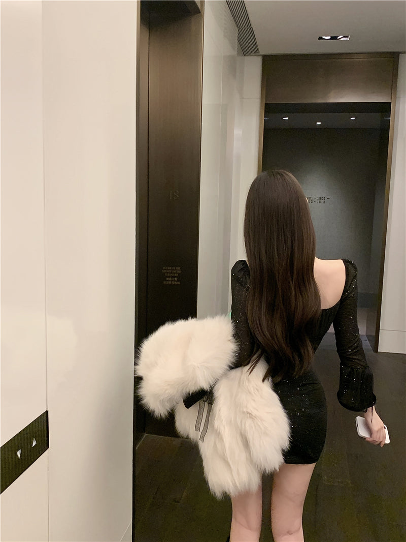 法式氣質名媛燙鑽包臀連衣裙