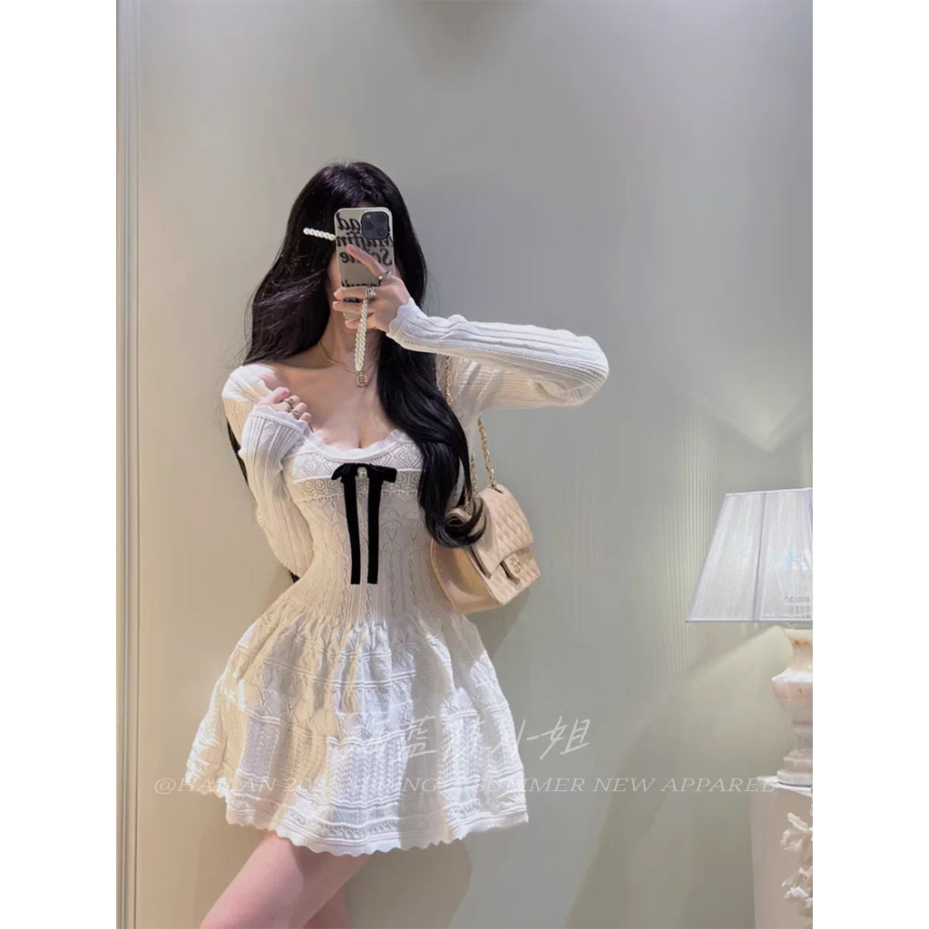 溫柔千金少女蝴蝶結鉤花針織連衣裙
