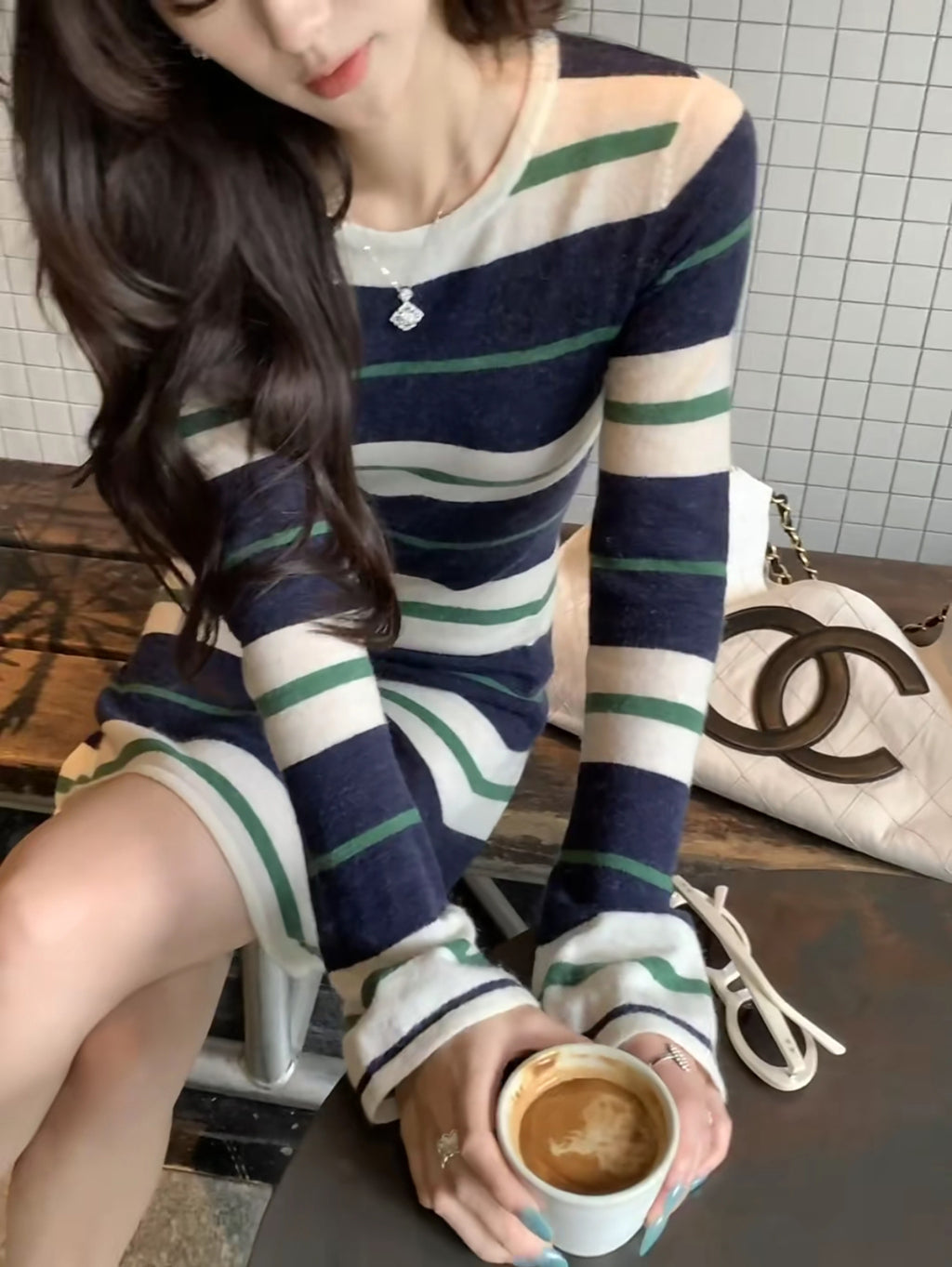 法式設計感撞色條紋針織裙