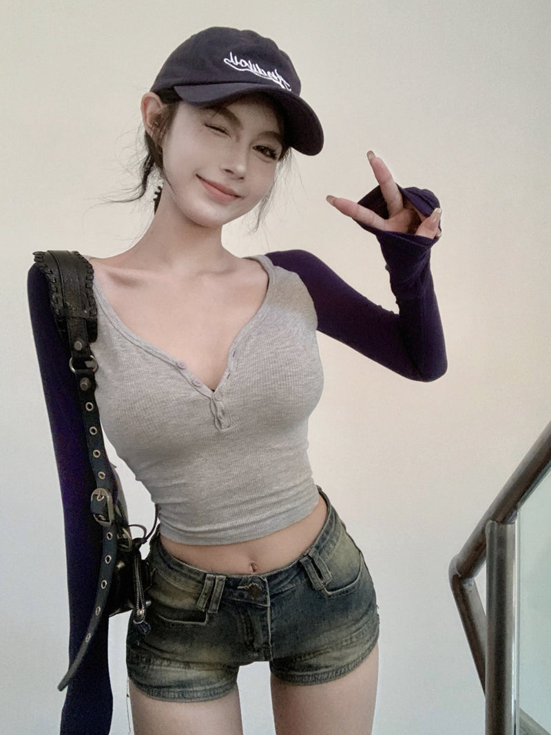 歐美V領撞色純欲排扣修身上衣