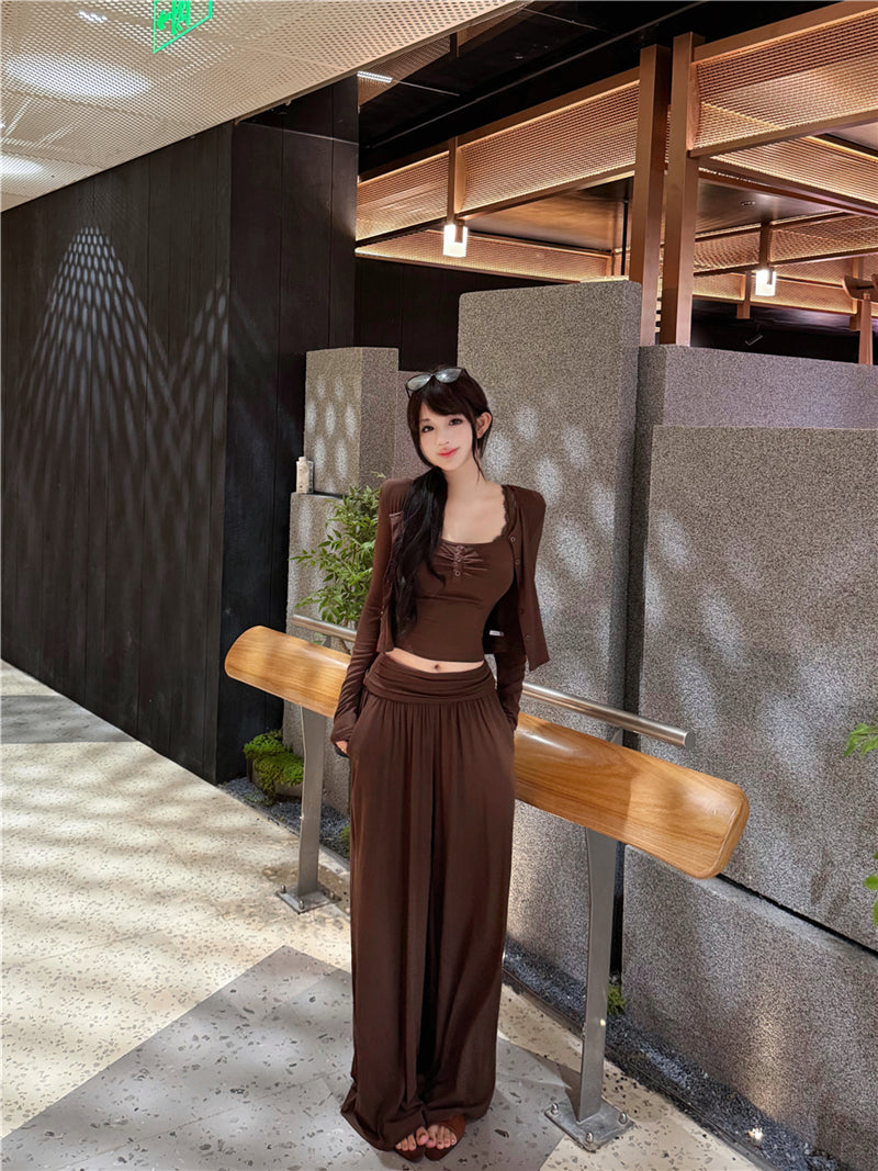 氣質性感蕾絲吊帶背心外套褲子三件套