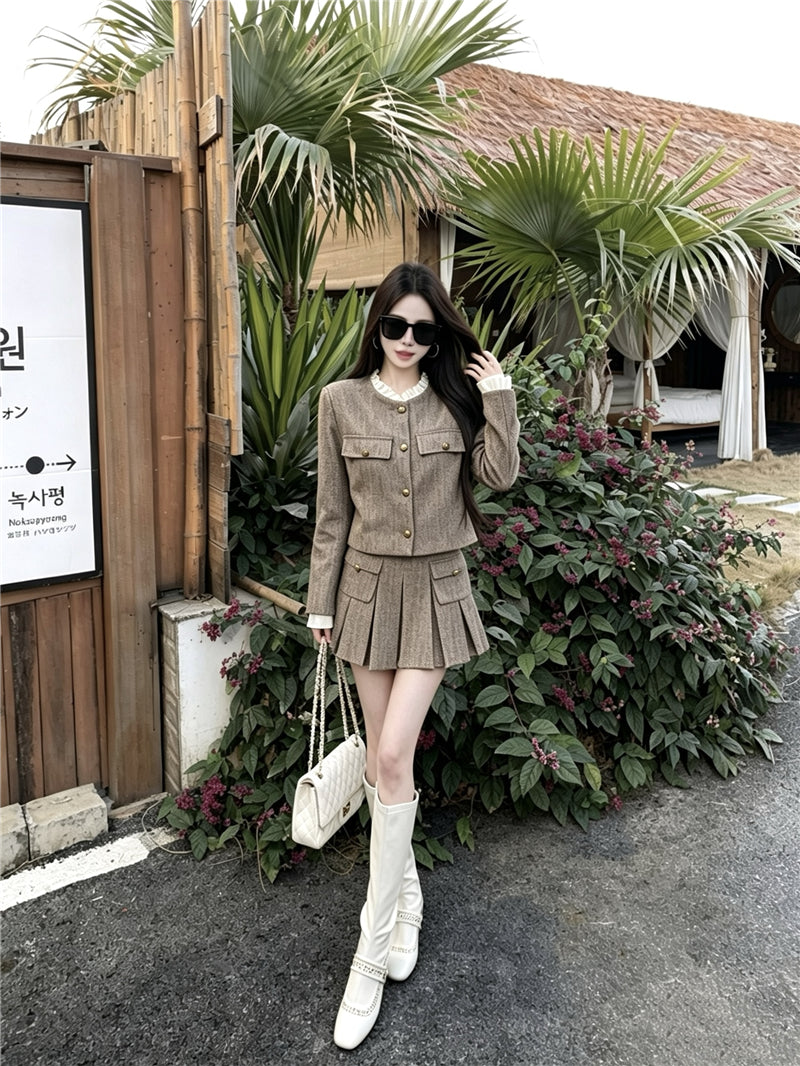 chic韓系美拉德假兩件正肩小香風毛呢兩件套