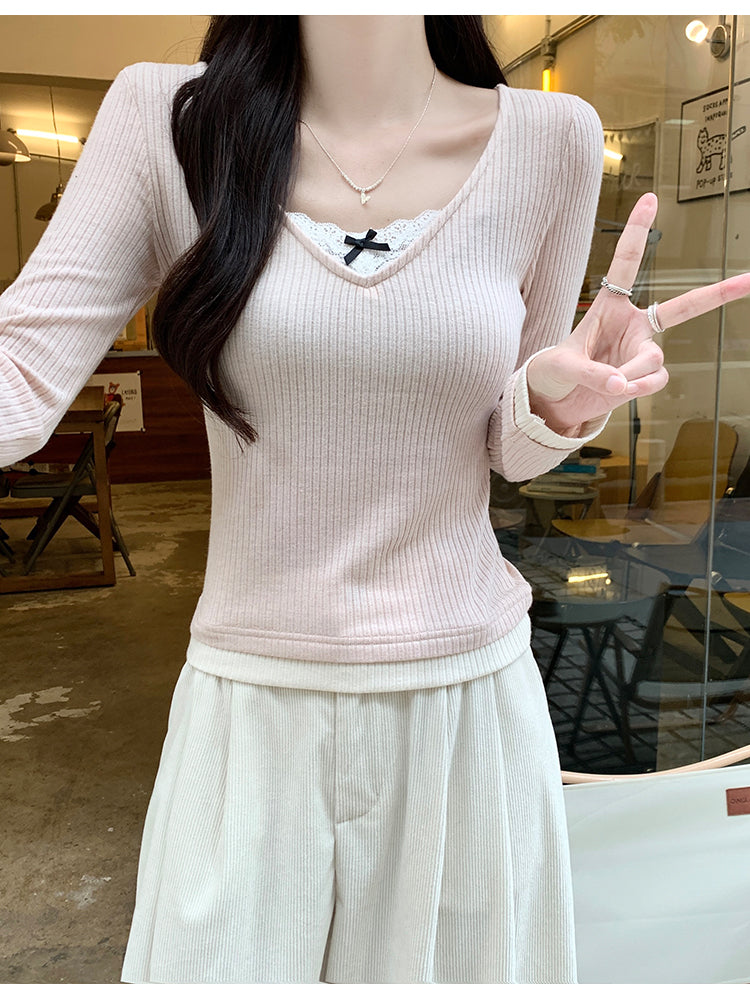 高級感修身假兩件蕾絲拼接長袖