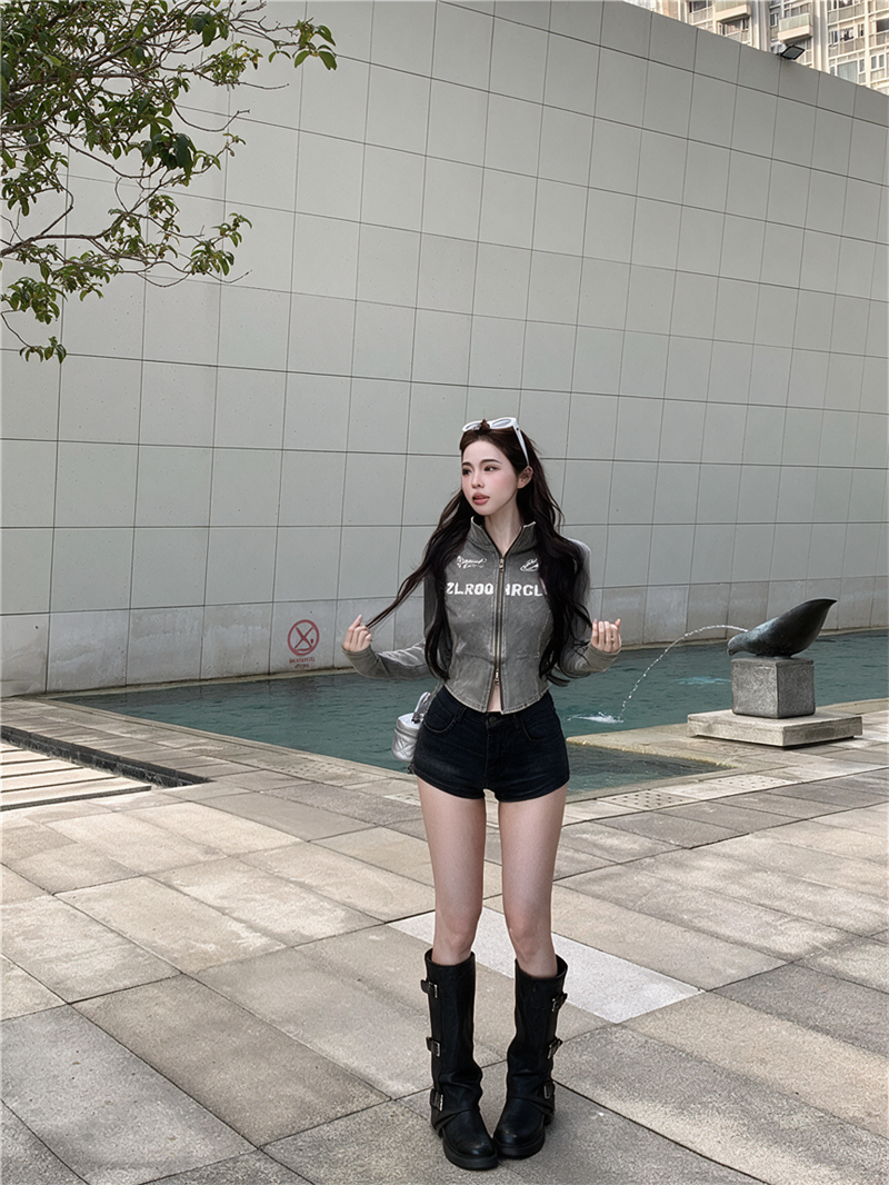 美式水洗立領拉鏈印花字母外套