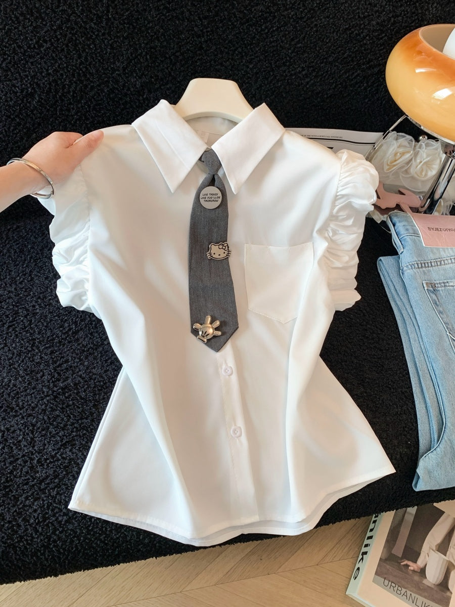 小飛袖襯衫辣妹修身顯瘦學院風甜美條紋襯衫褶皺上衣