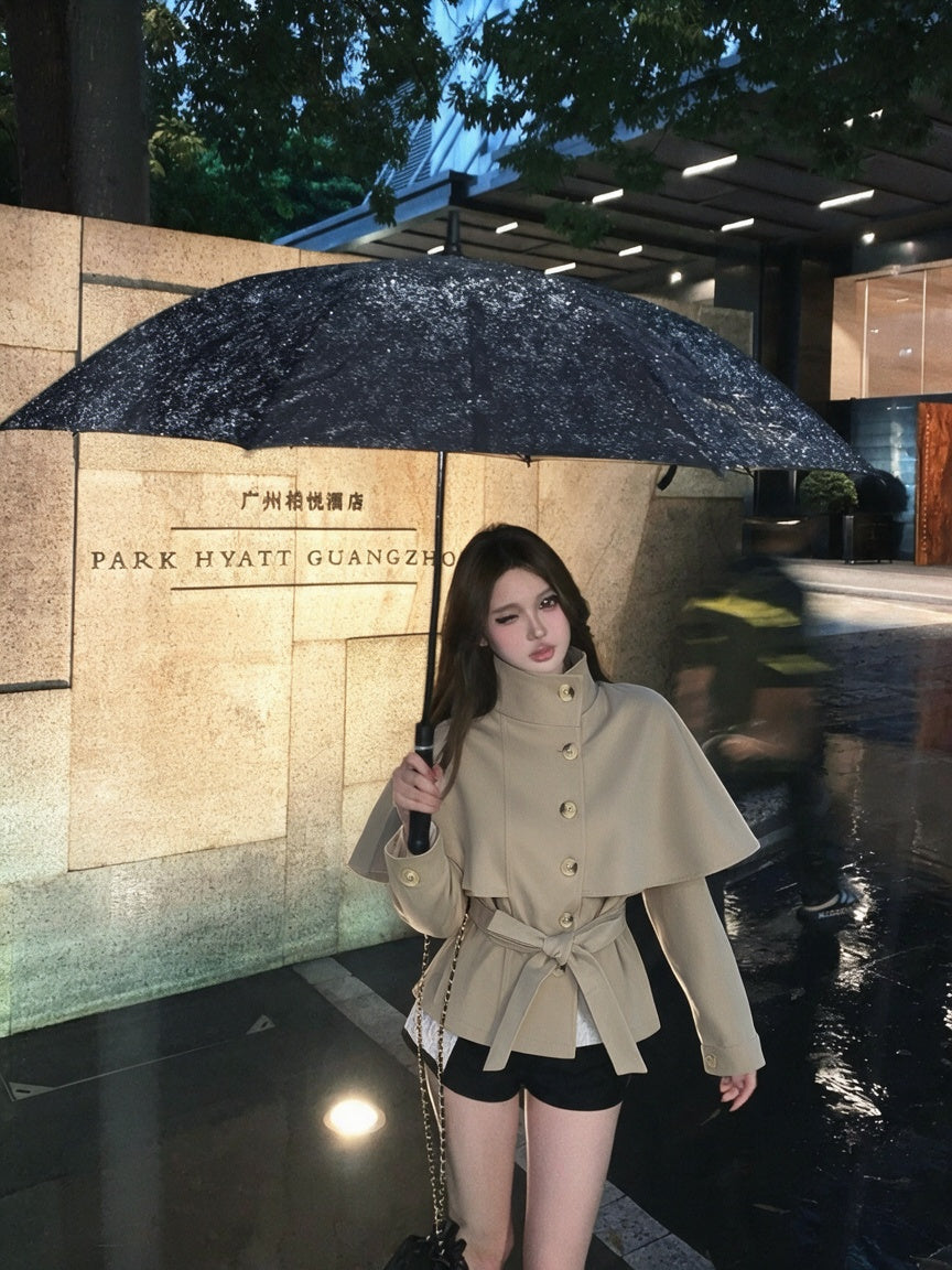 韓系假兩件翻領斗篷風衣雙排扣襯衫