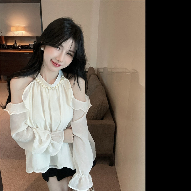 法式珍珠掛脖露肩上衣