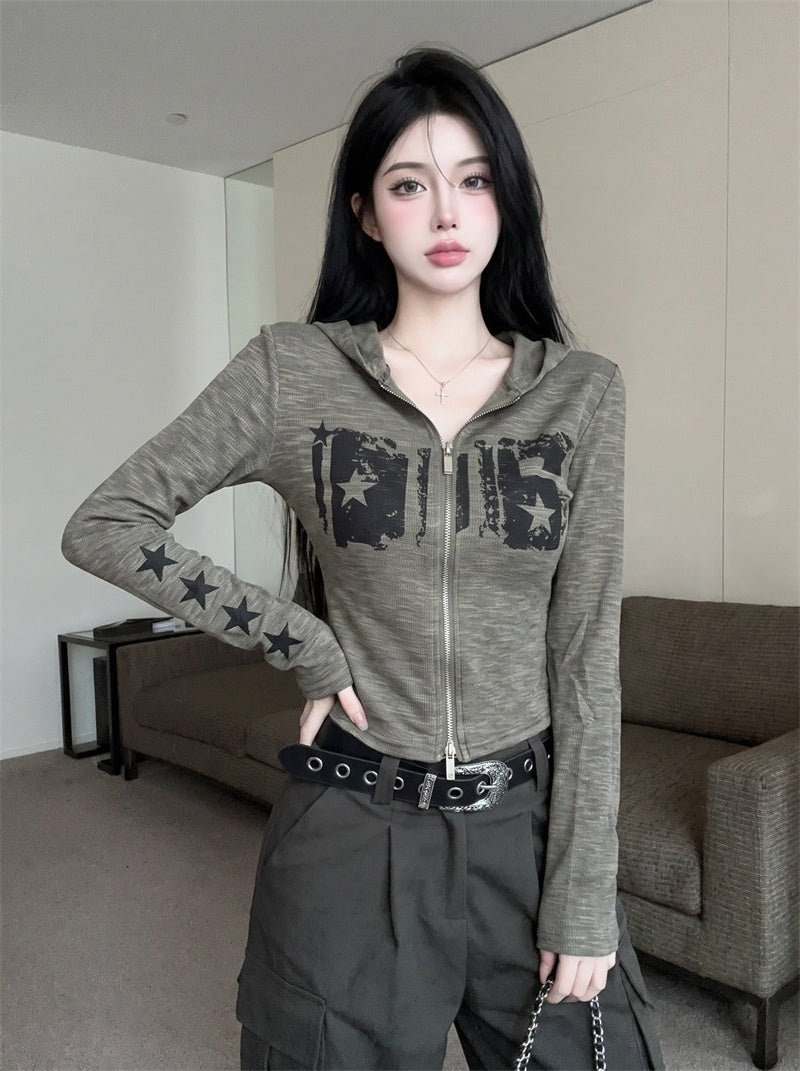 美式復古字母印花連帽外套